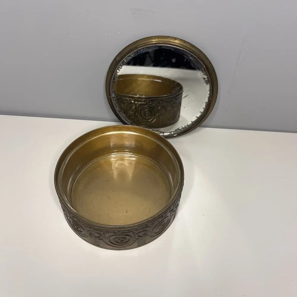 Pastoral Scene Gilded Brass Powder Trinket Box Mirrored Glass Insert Vintage